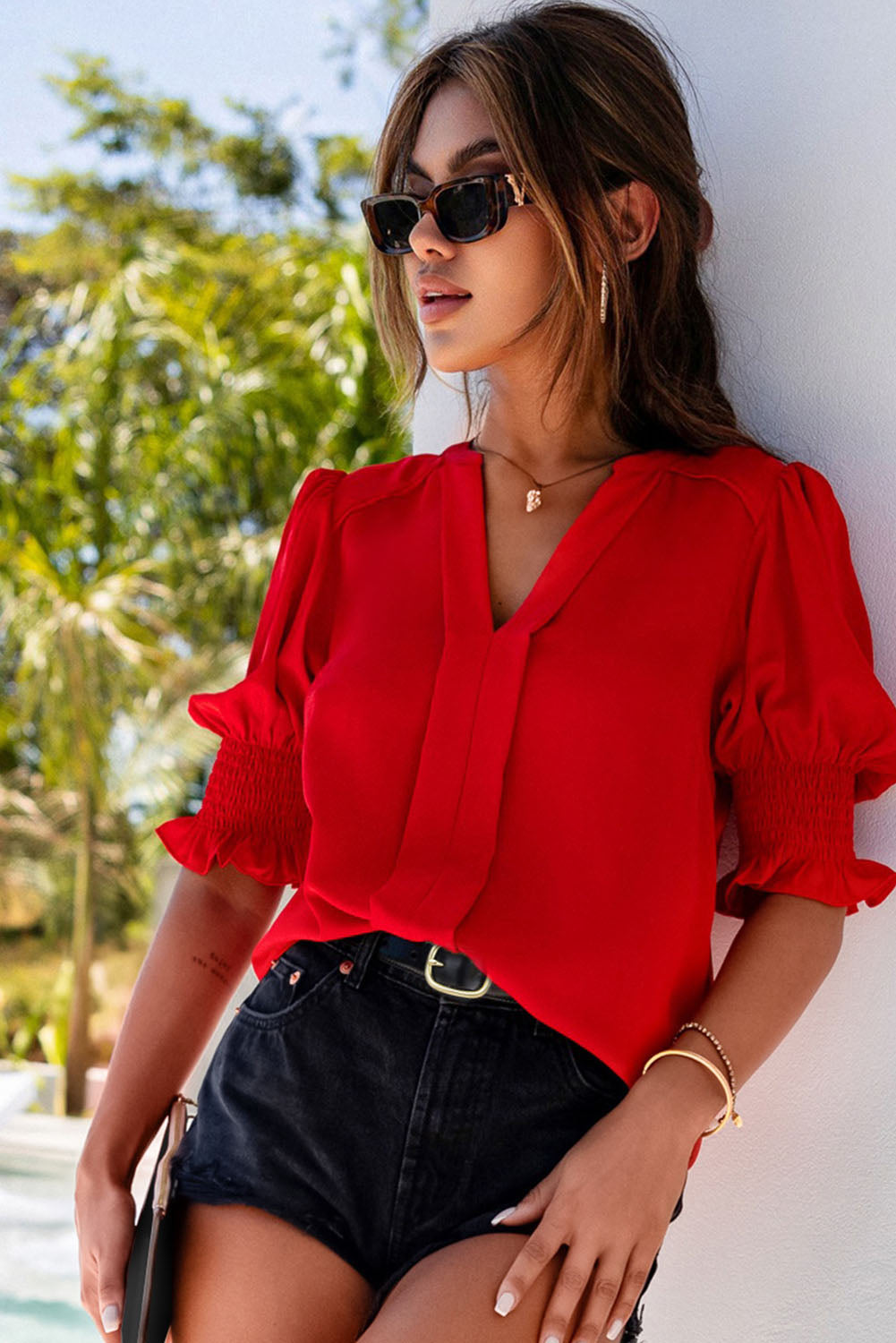 Red Solid Color Half Sleeve V Neck Blouse