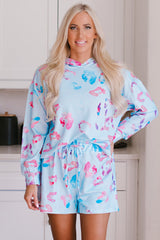 Sky Blue Leopard Print Hoodie and Shorts Set