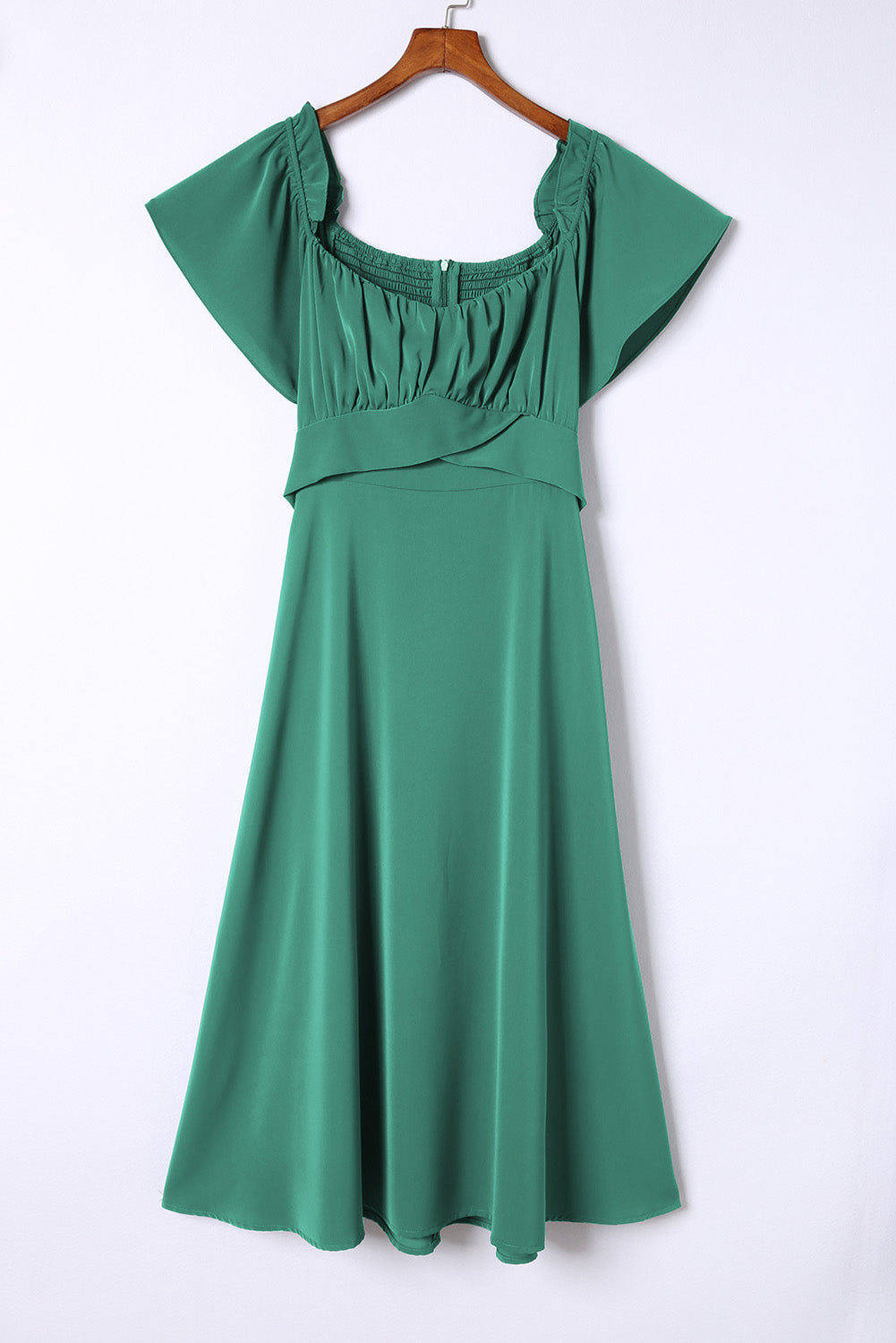 Green Off-shoulder Smocked Tie Back Midi Dress