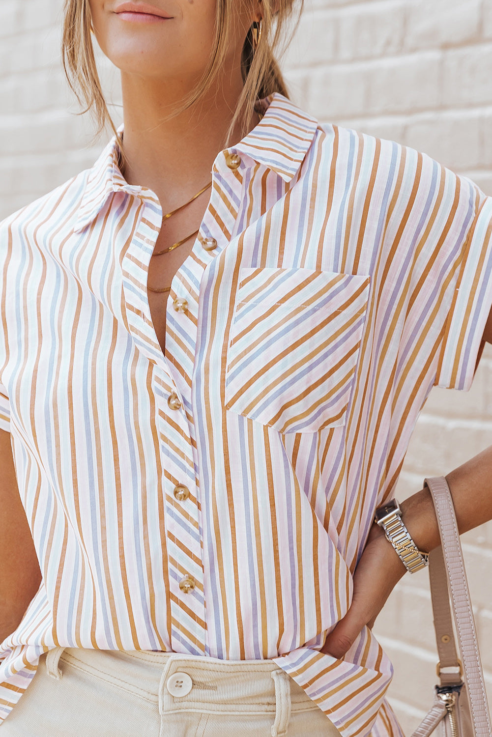 Multicolor Stripe Short Sleeve Button up Shirt