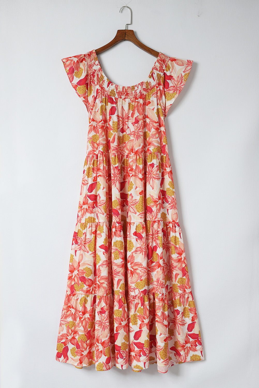 Orange Floral Print Shirred Ruffled Sleeveless Plus Size Dress