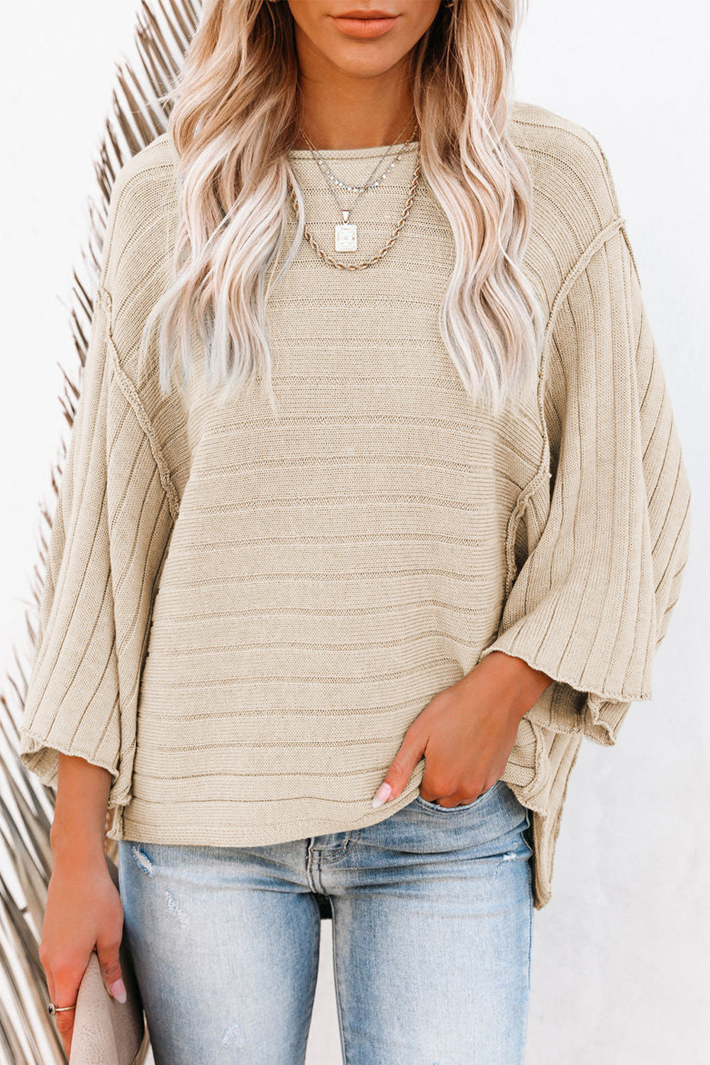 Black Exposed Seam Ribbed Knit Dolman Top