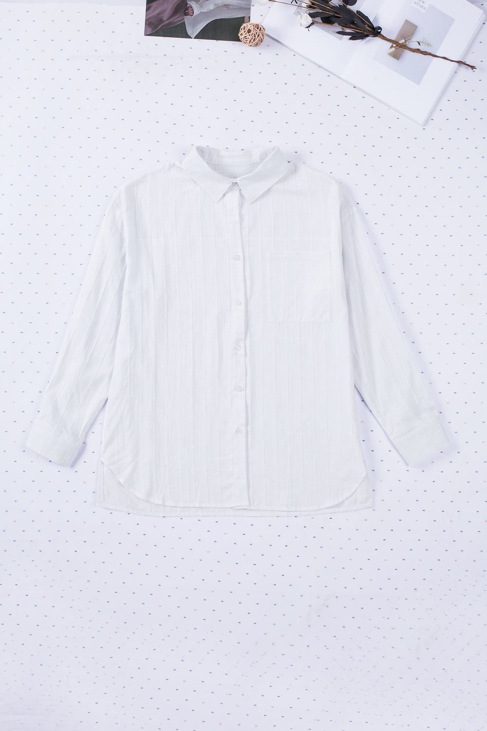 White Textured Buttons Pocketed Shirt