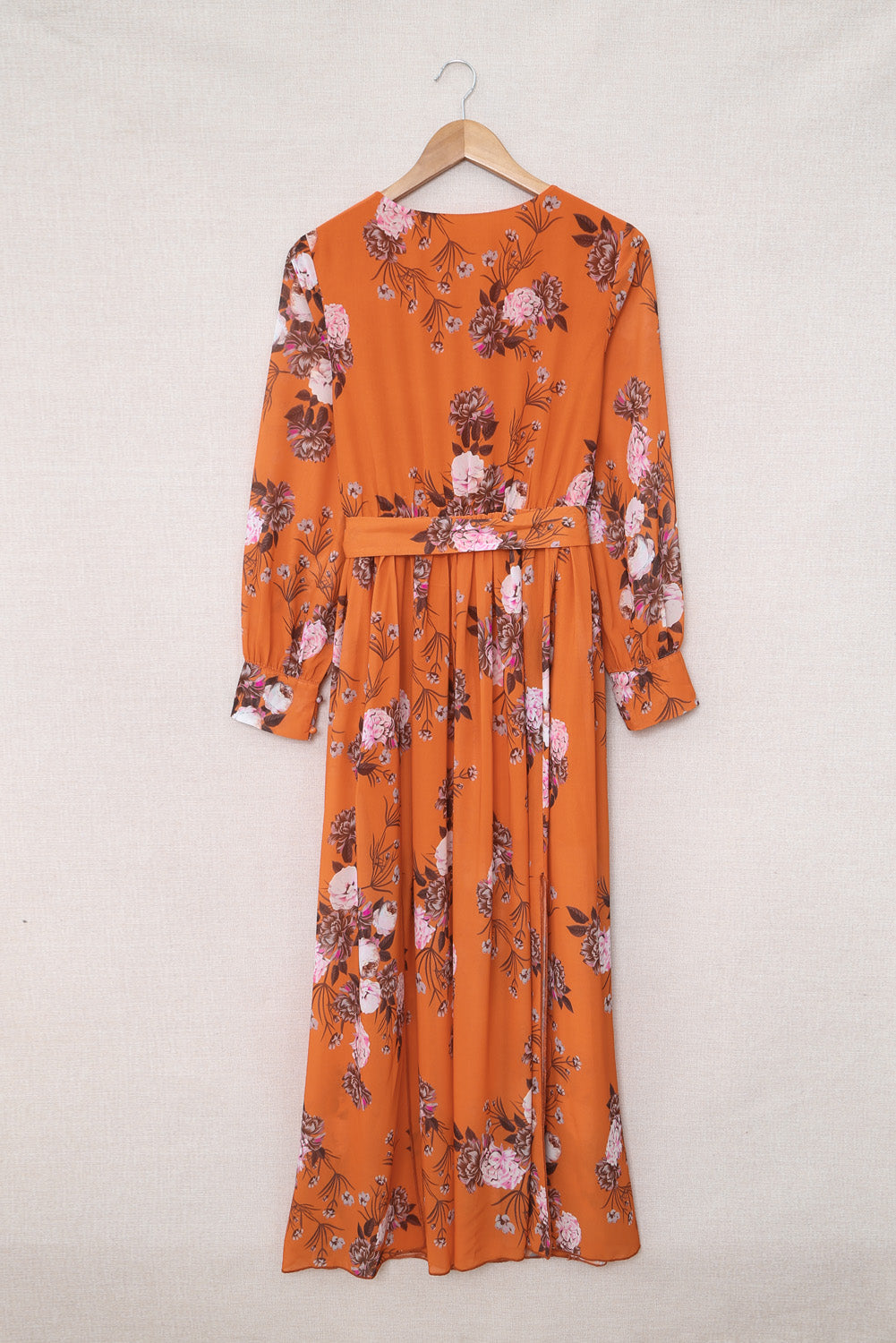 Orange Orange Floral Print Lace-up Ruffled V Neck Maxi Dress with A Slit