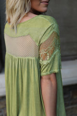 Green Mesh Lace Trim Short Sleeve Top