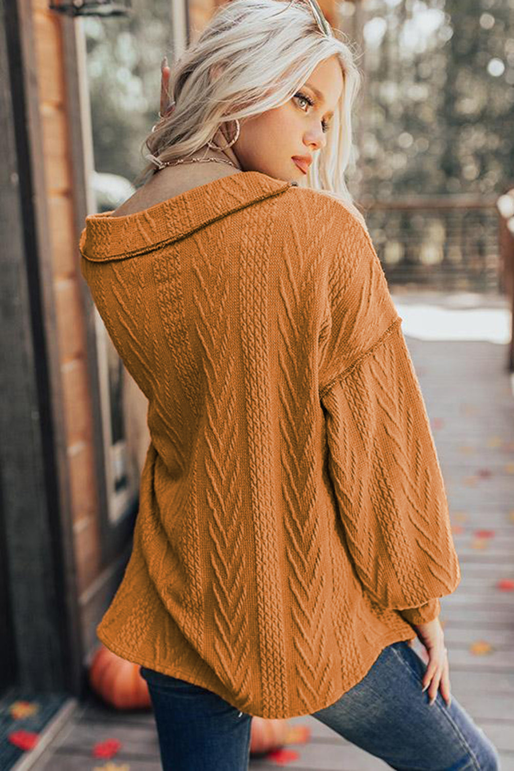 Orange Textured V Neck Long Sleeve Knit Top