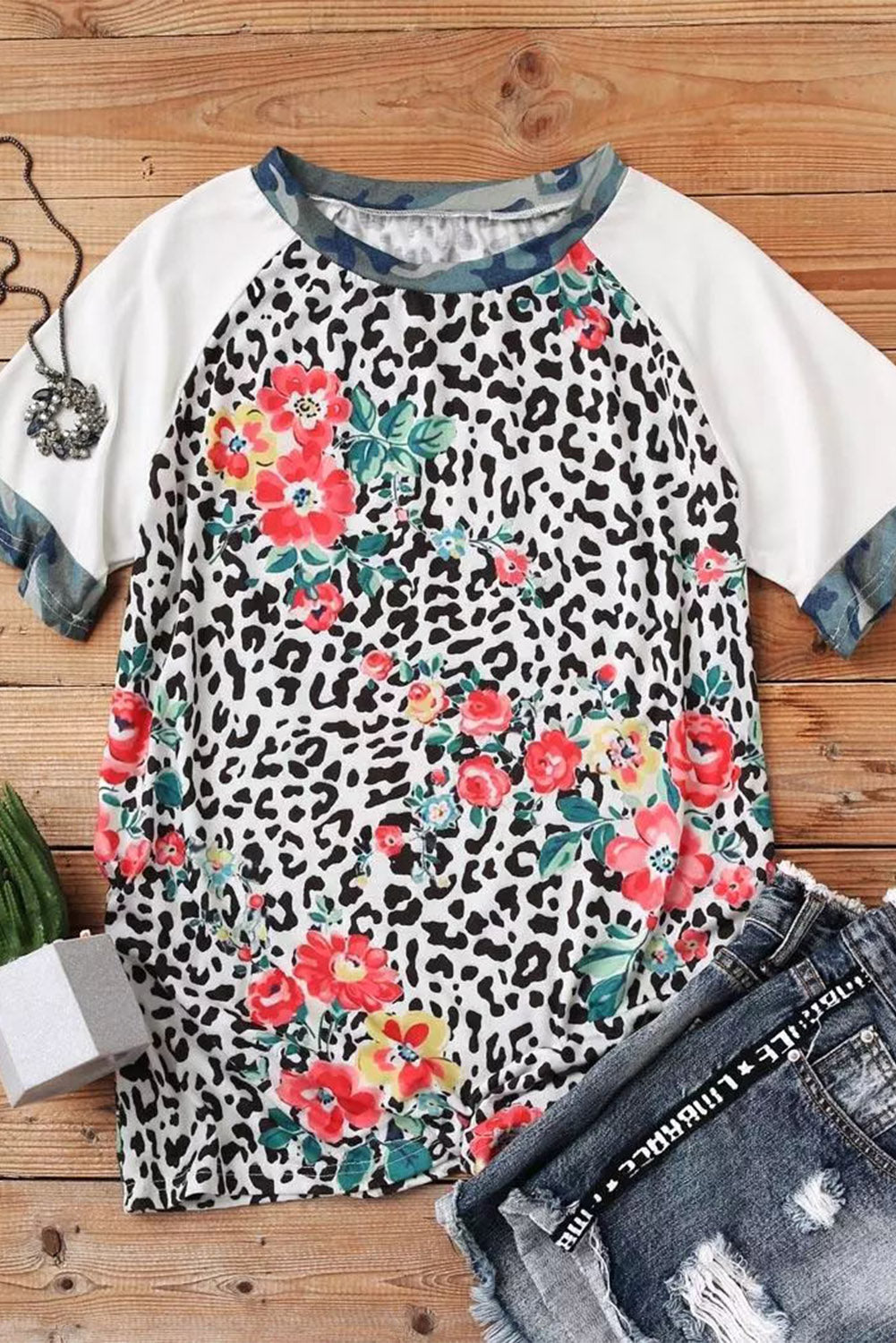 Leopard Floral Camouflage Raglan Sleeve T-shirt