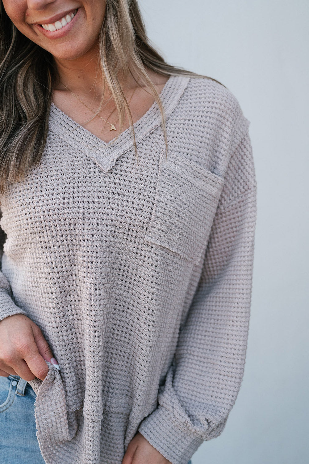 Light Grey Raw Edge Detail Waffle Knit V Neck Top