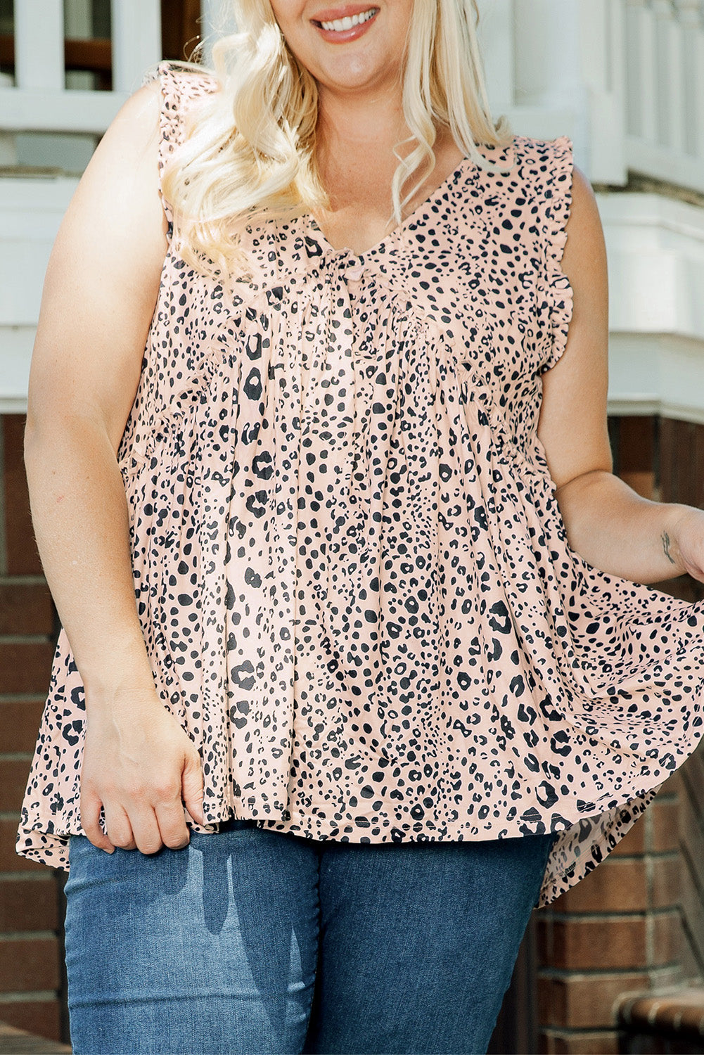 Leopard Plus Size V Neck Frilled Babydoll Tank Top