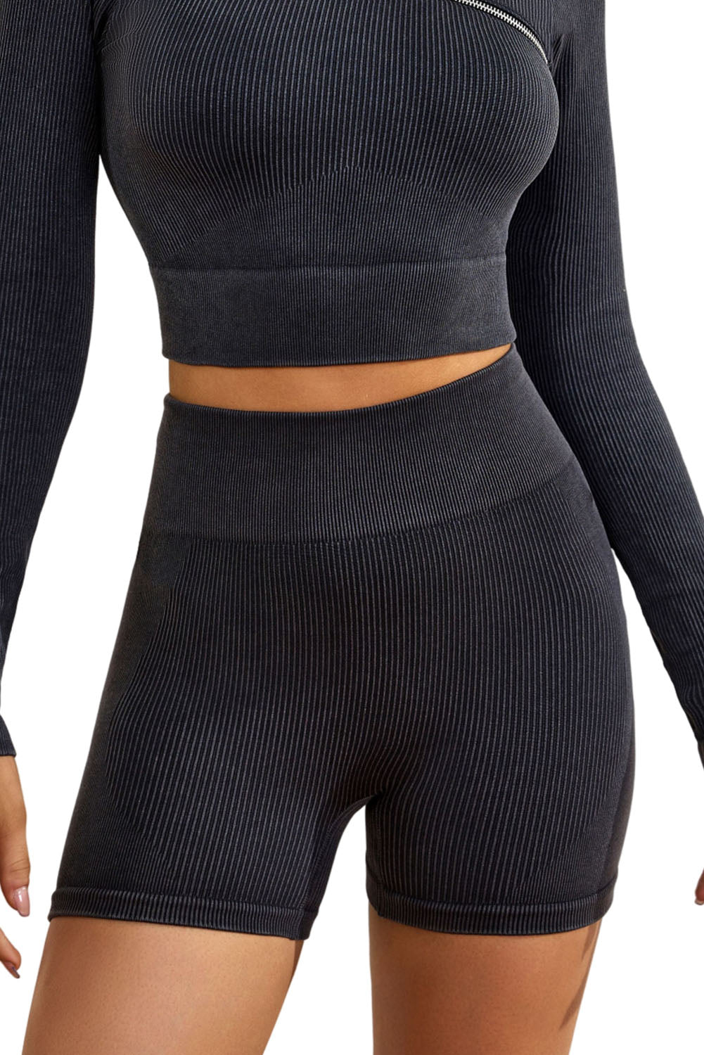 Black Seamless Ribbed Knit Butt Lifter Yoga Shorts