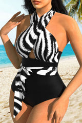 Black Zebra Print Twist Halter Self-tie One Piece Swimsuit