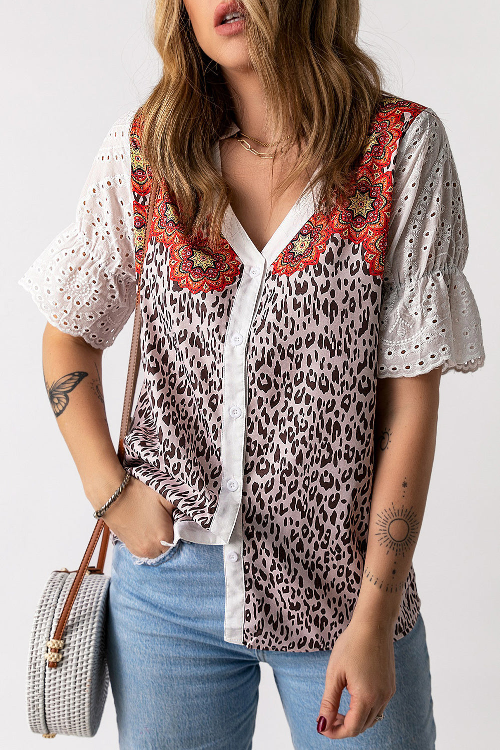 Leopard Mandala Hollow-out Sleeves T-shirt