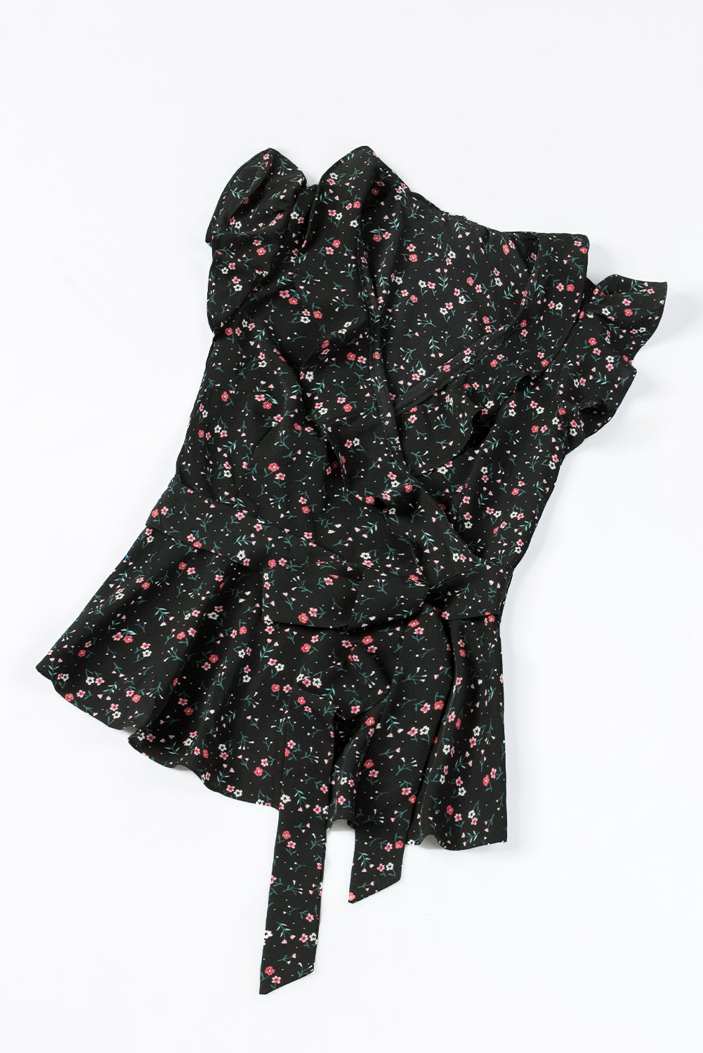 Black Floral Print Belted Ruffled V Neck Sleeveless Top