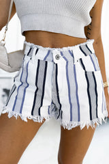 Stripe Raw Hem Distressed Denim Shorts