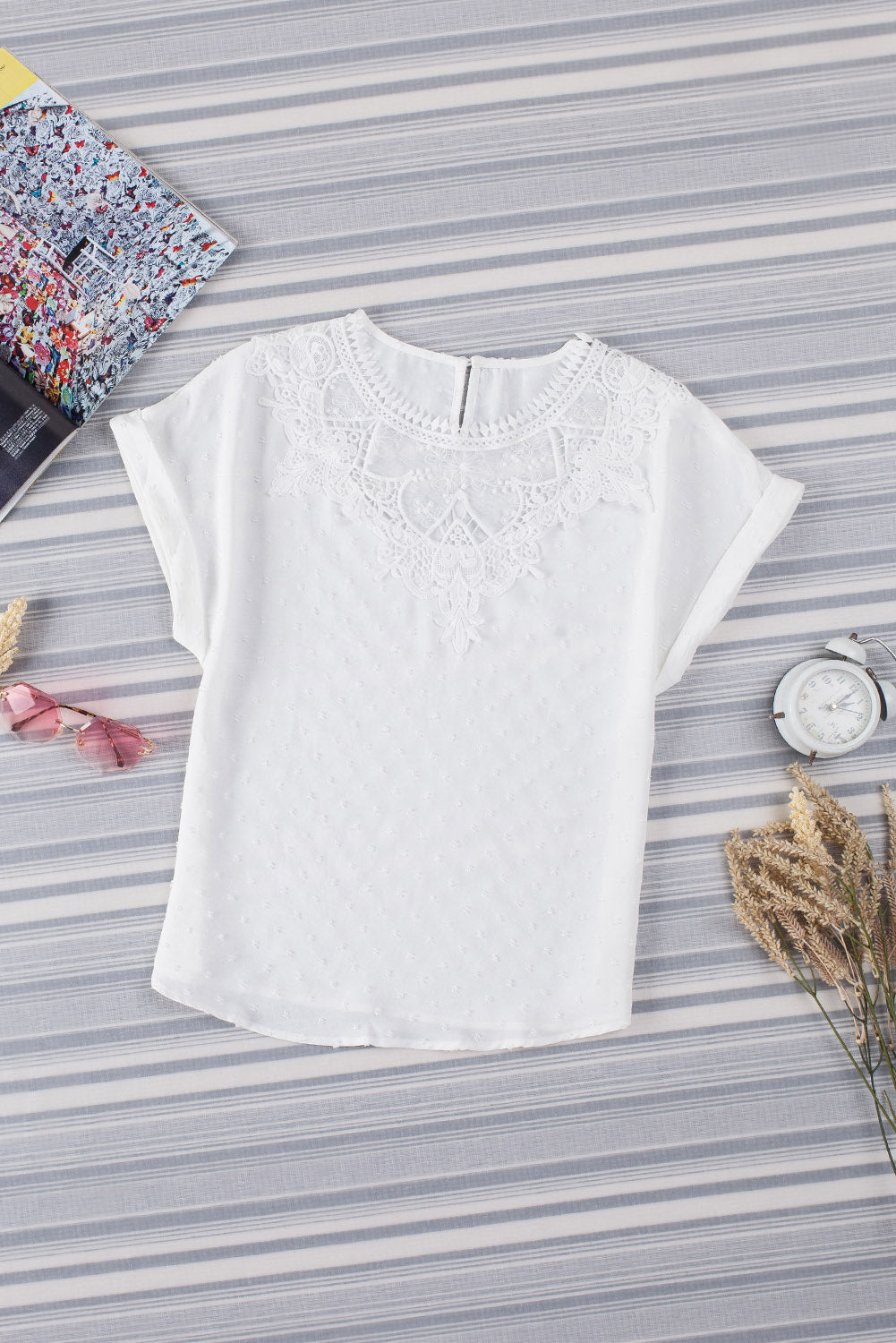 White Lace Swiss Dot Cuffed Sleeves Top