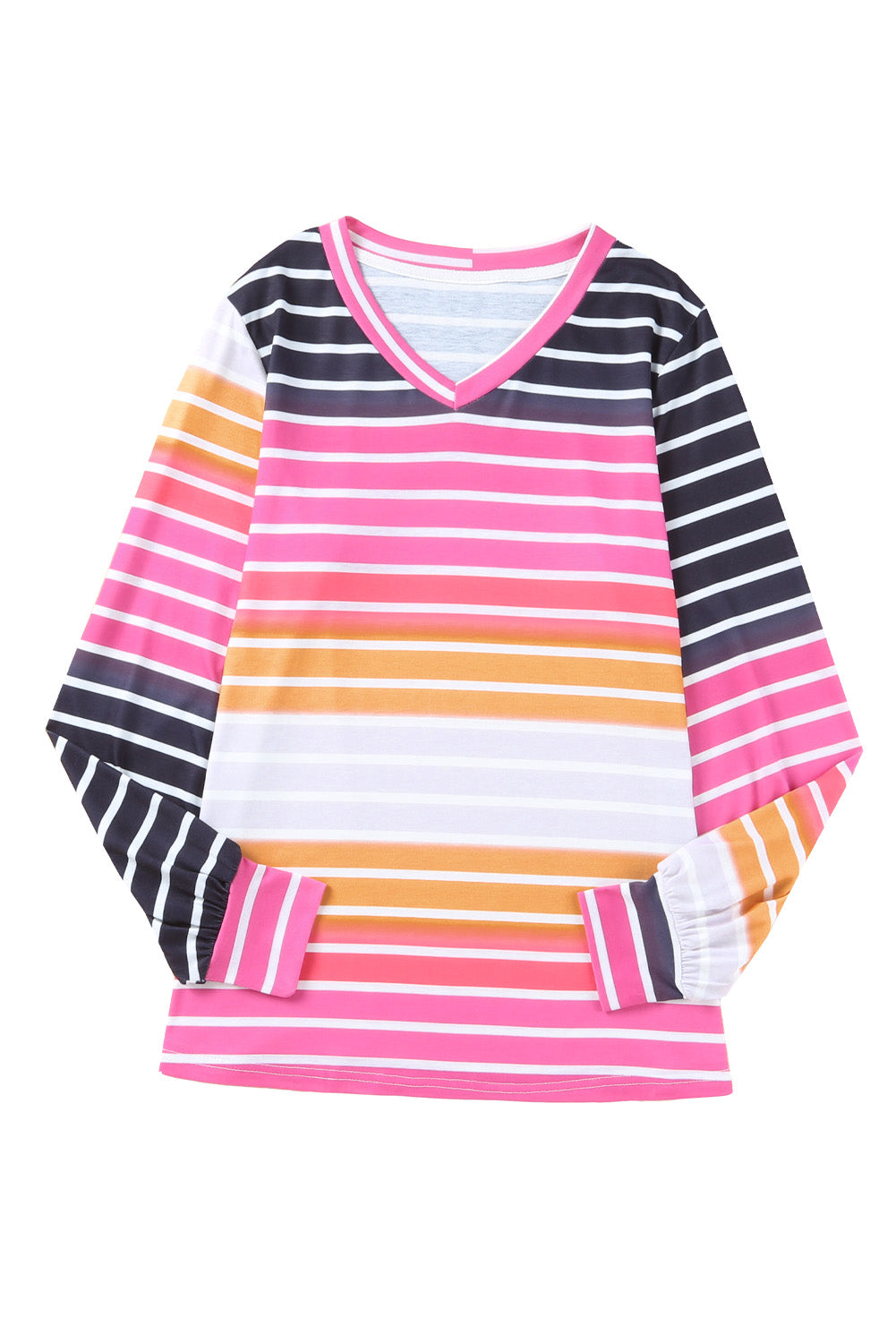 Multicolor Gradient Striped Long Sleeve V-Neck Blouse