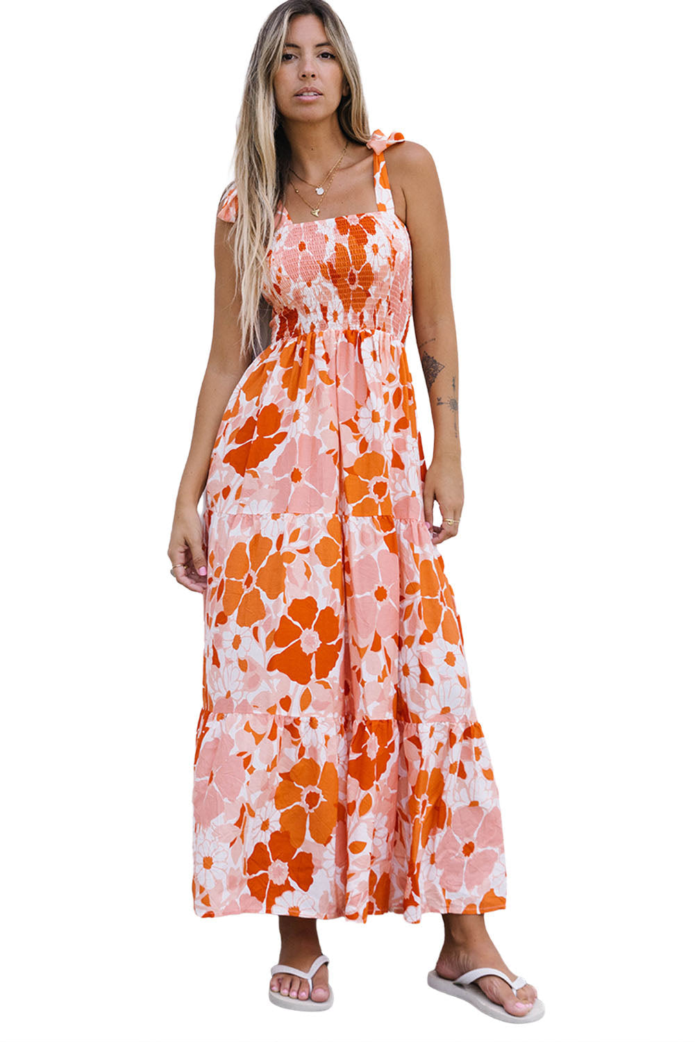 Orange Shirred Lace-up Strap Sleeveless Floral Maxi Dress