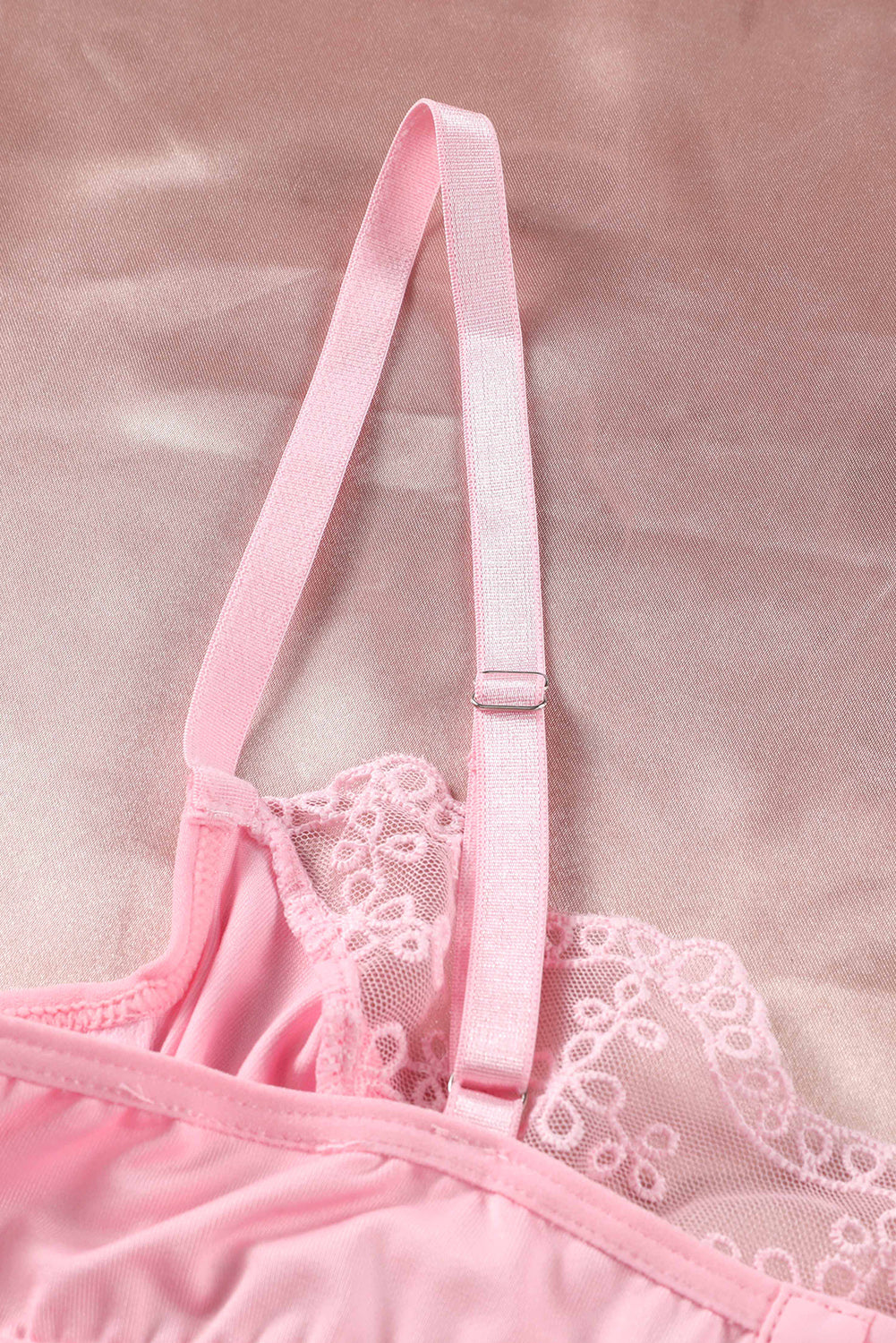 Pink Sheer Lace 3pcs Garter Belt Lingerie Set