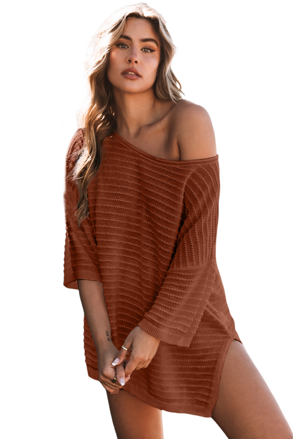 Apricot Textured Knit Drop Shoulder Tee