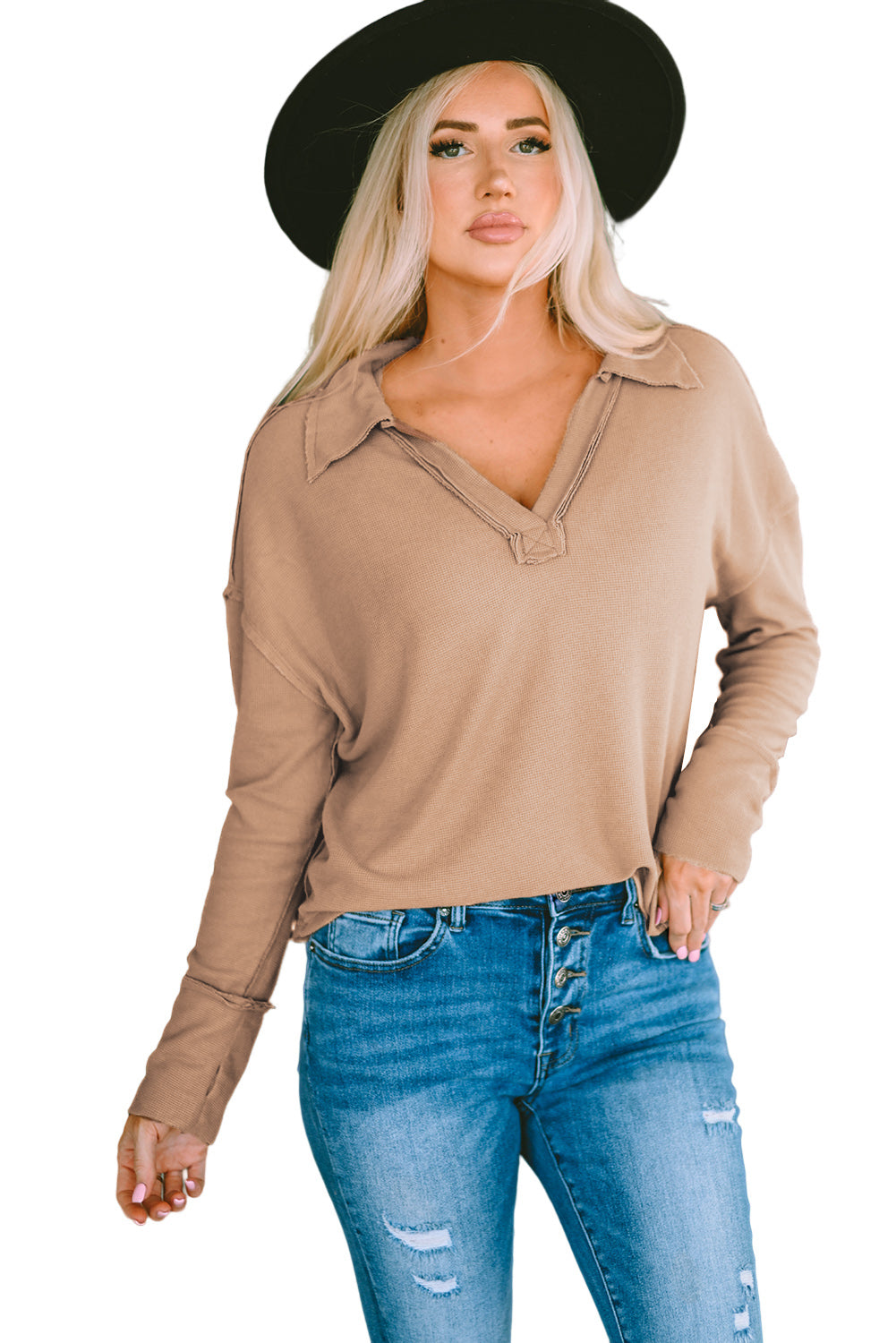 Gray V Neck Collared  Retro Waffle Long Sleeve Top