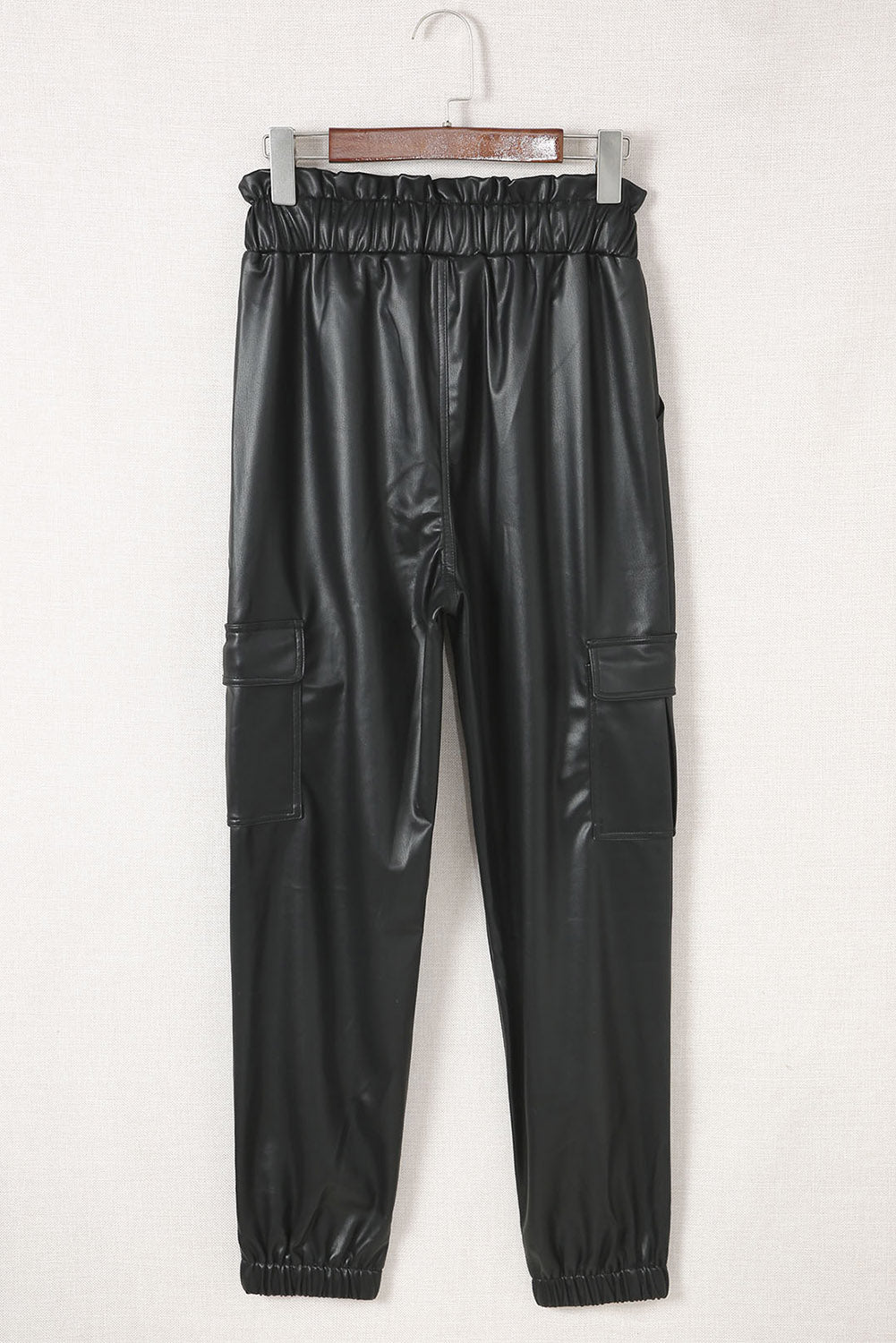 Black PU Leather Drawstring Elastic Waist Joggers