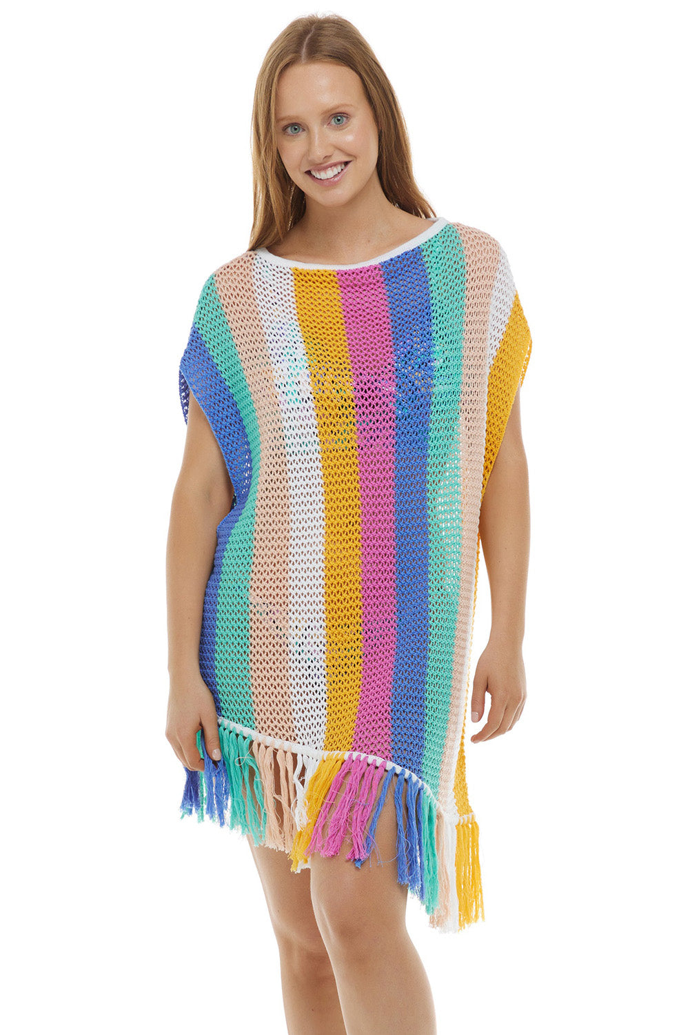 Multicolor Stripe Tasseled Crochet Beach Cover Up