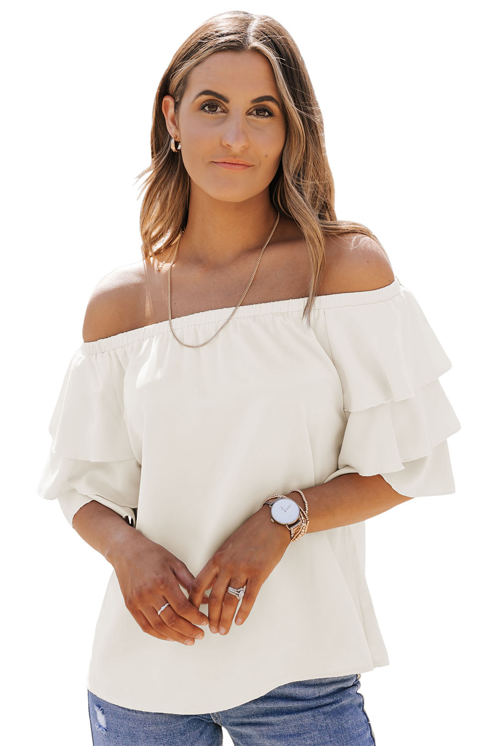 Apricot Tiered Ruffled Half Sleeve Off Shoulder Blouse