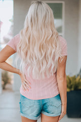 Pink Textured Knit Buttoned Short Sleeve Top