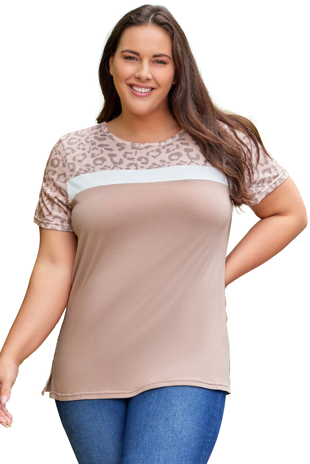 Khaki Leopard Yoke Color Block T Shirt