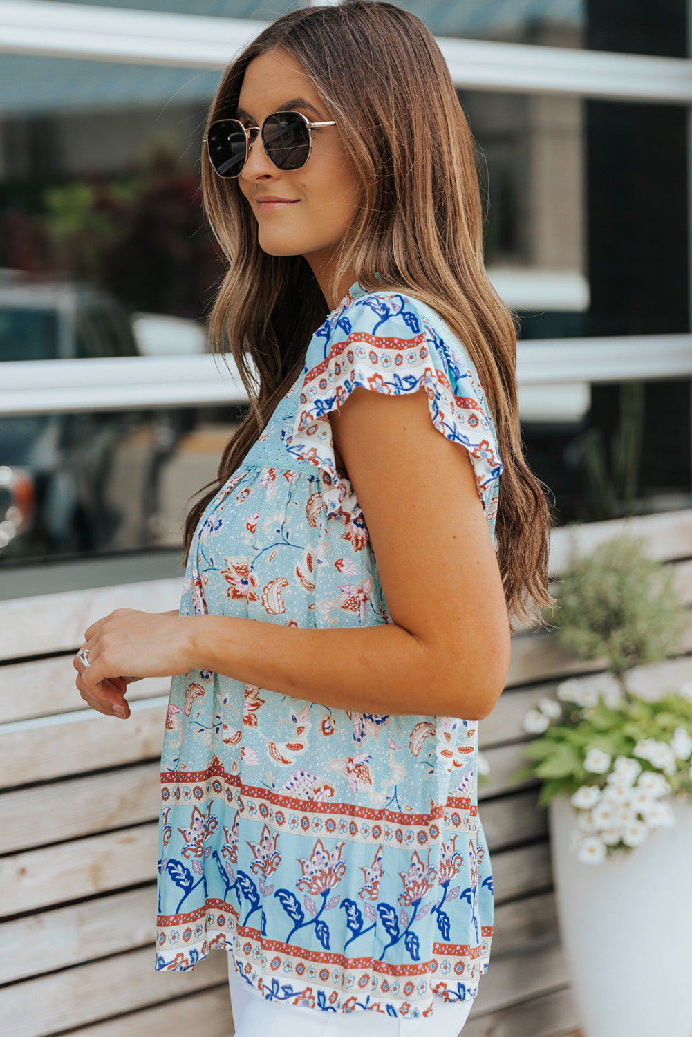 Sky Blue Floral Print Ruffled Crew Neck Sleeveless Top