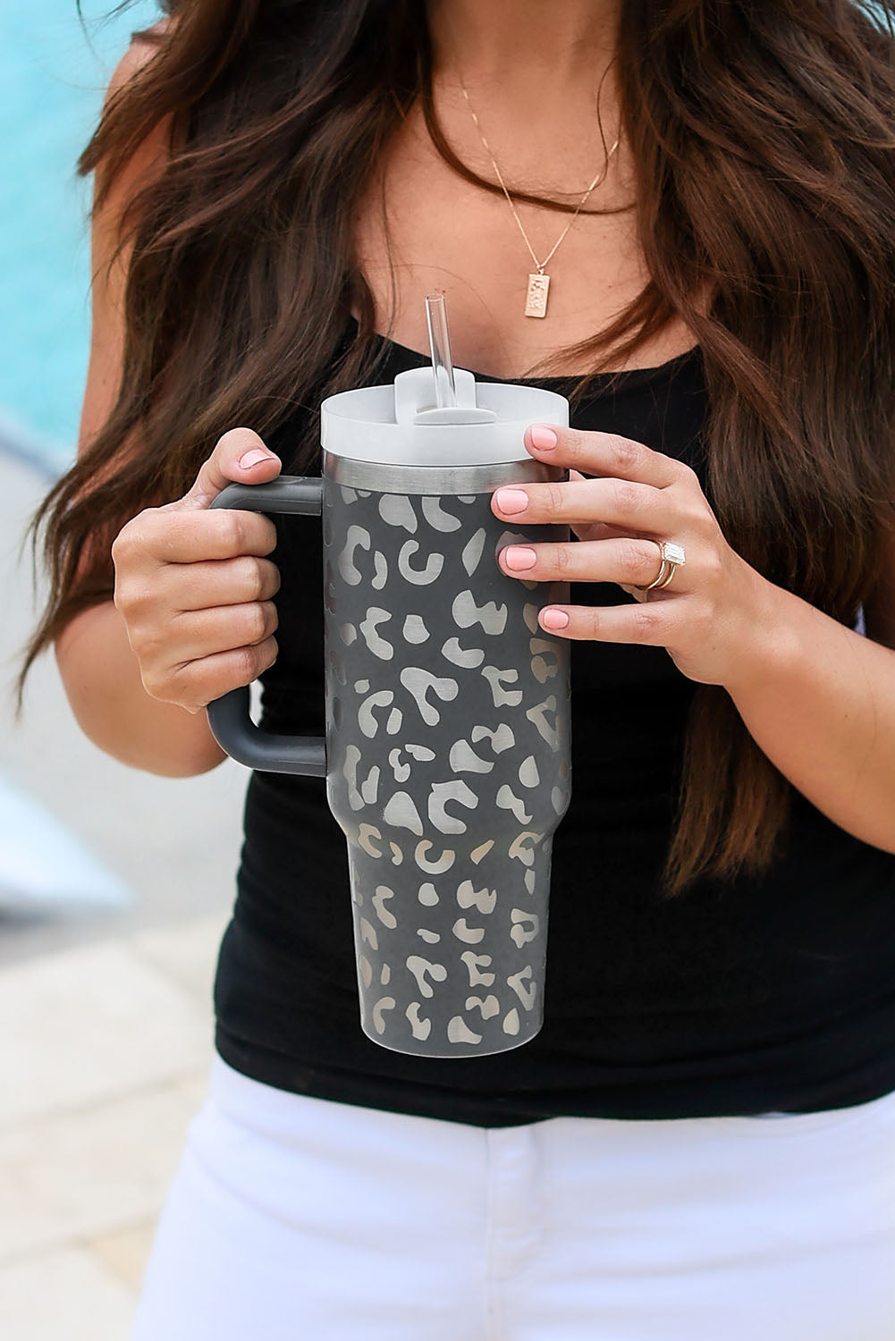 White Leopard Print 40OZ Stainless Steel Portable Cup with Handle