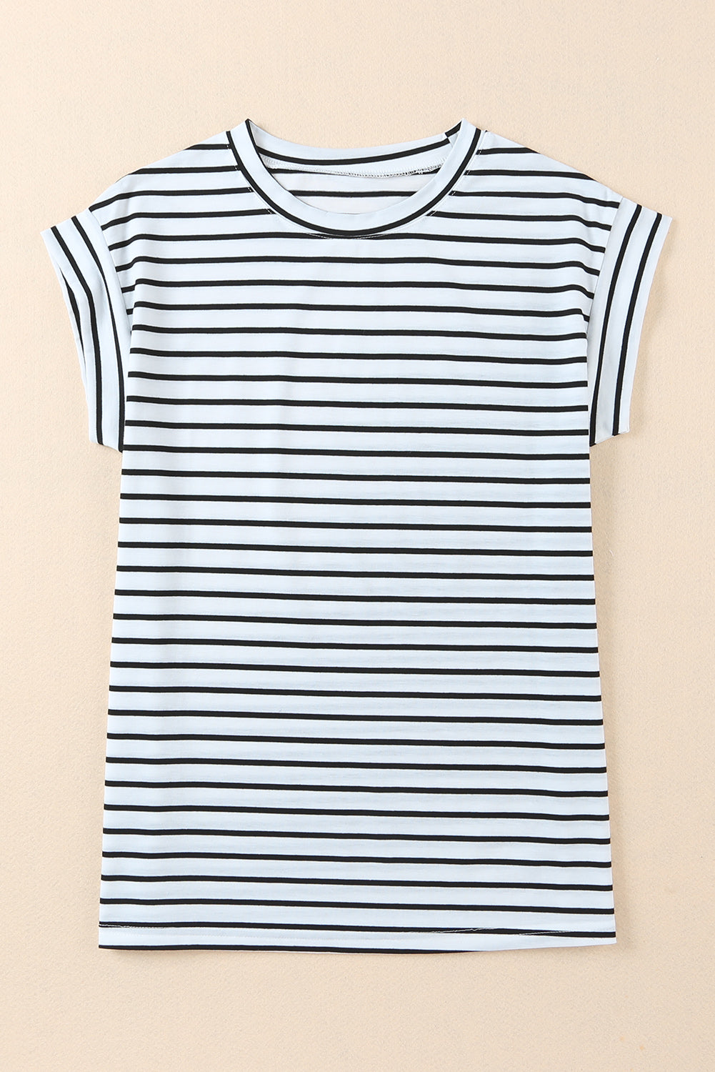 Striped Rolled Cap Sleeve Round Neck T Shirt