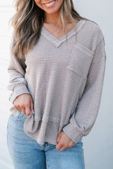 Light Grey Raw Edge Detail Waffle Knit V Neck Top