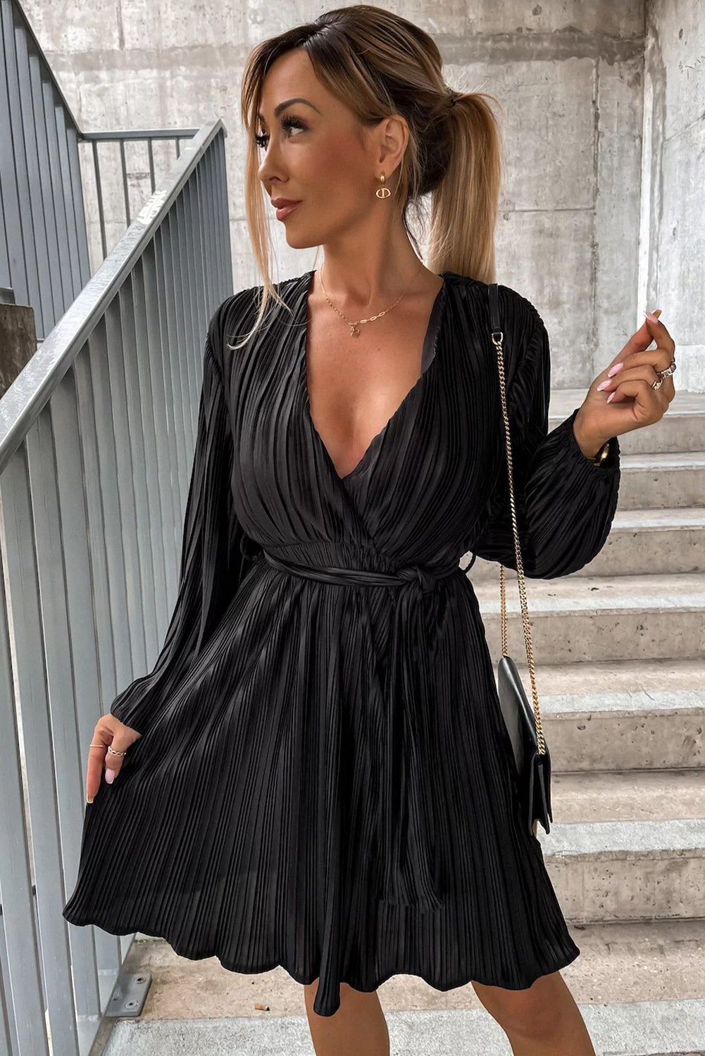 Black Surplice V Neck Pleated Midi Dress with Belt