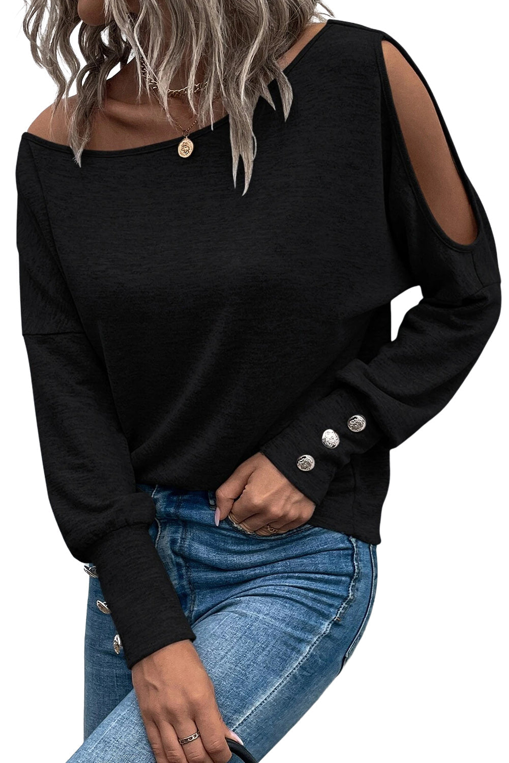 Green Asymmetrical Cut Out Buttoned Long Sleeve Top