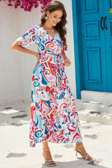 Multicolor Abstract Printed Wrap V Neck Belted Maxi Dress