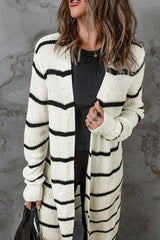 Beige Striped Print Long Cardigan