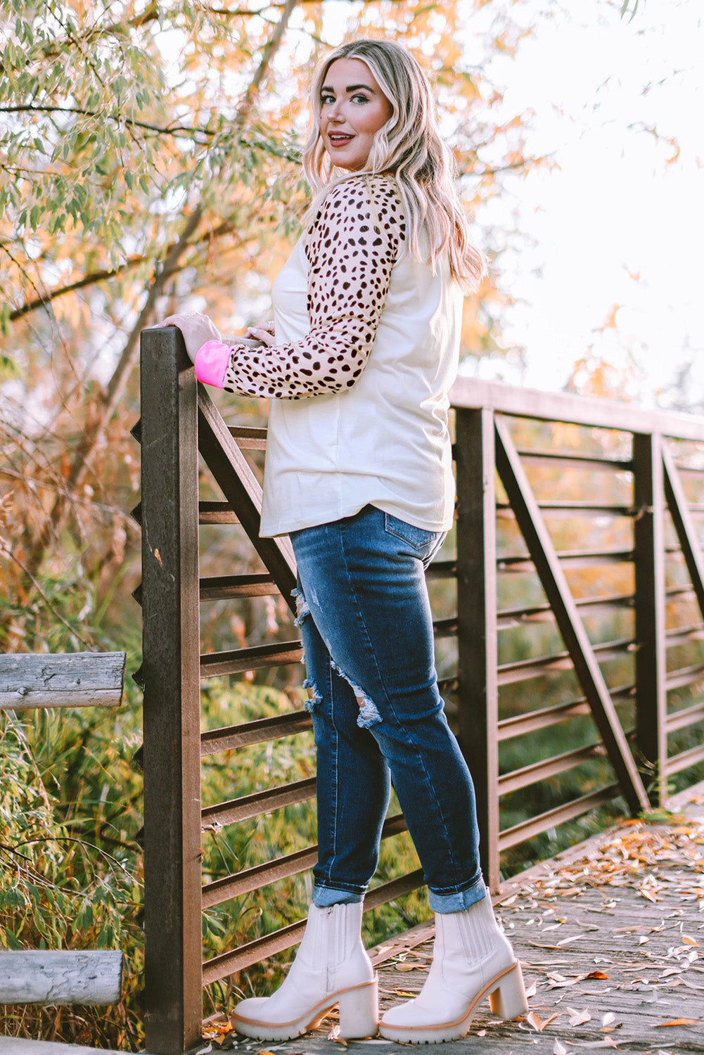 White Leopard Patchwork Long Sleeve Plus Size Top