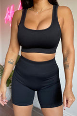 Black 2pcs Solid Color Ribbed Knit Yoga Set