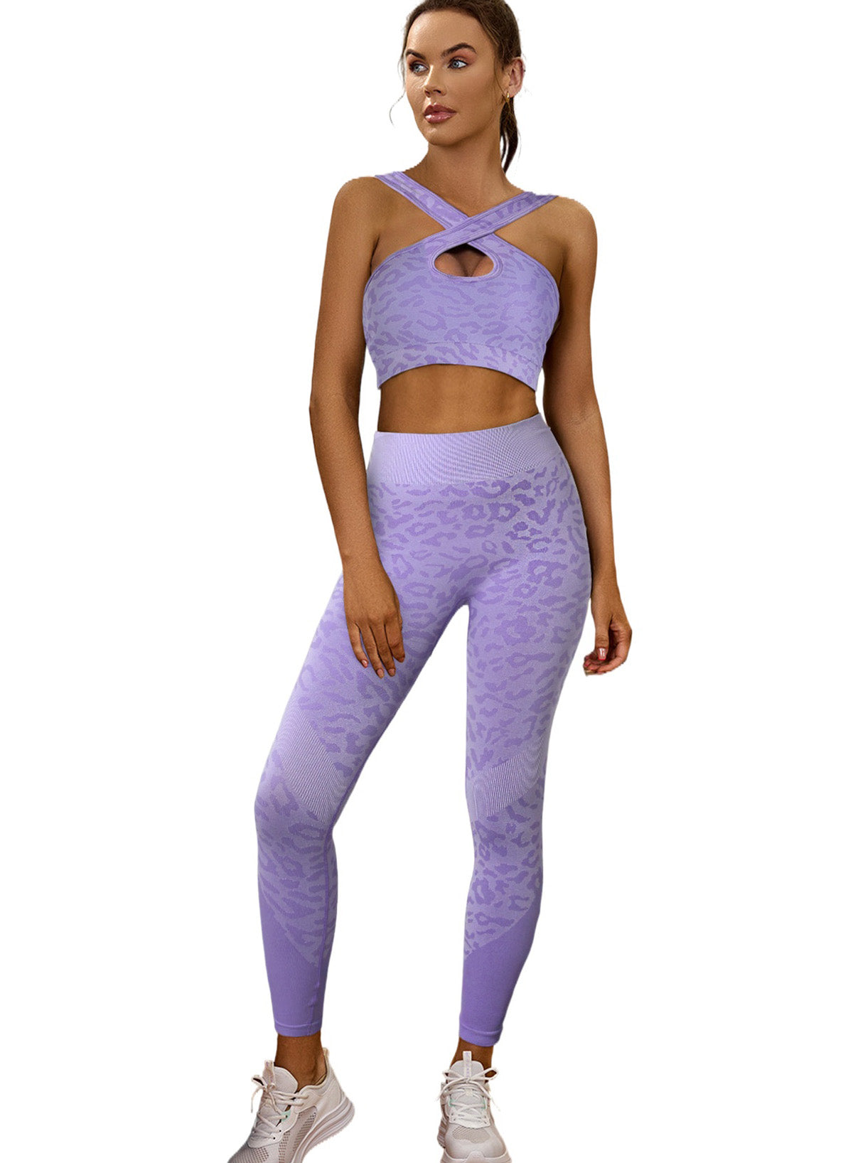 Purple Leopard Crossed Keyhole Front High Waist Active Set