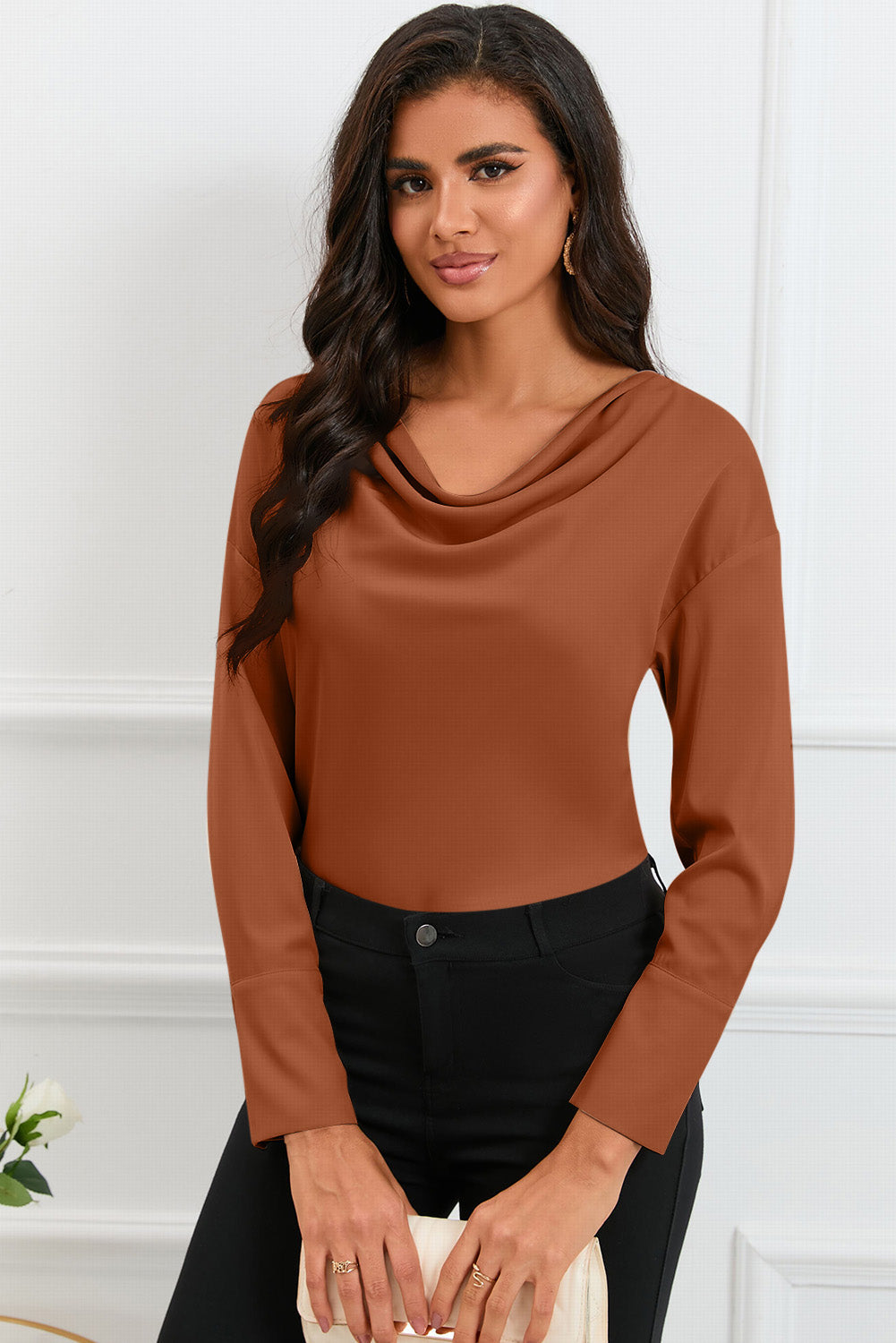 Green Cowl Neck Long Sleeve Elegant Blouse