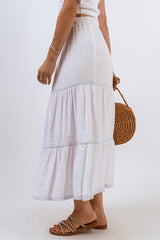 White Tiered Lace Crochet High Waist Maxi Skirt