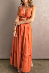 Orange Ruffled Cut-out Spaghetti Strap Sleeveless Long Dress