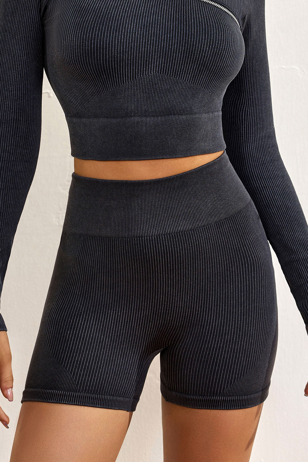 Black Seamless Ribbed Knit Butt Lifter Yoga Shorts