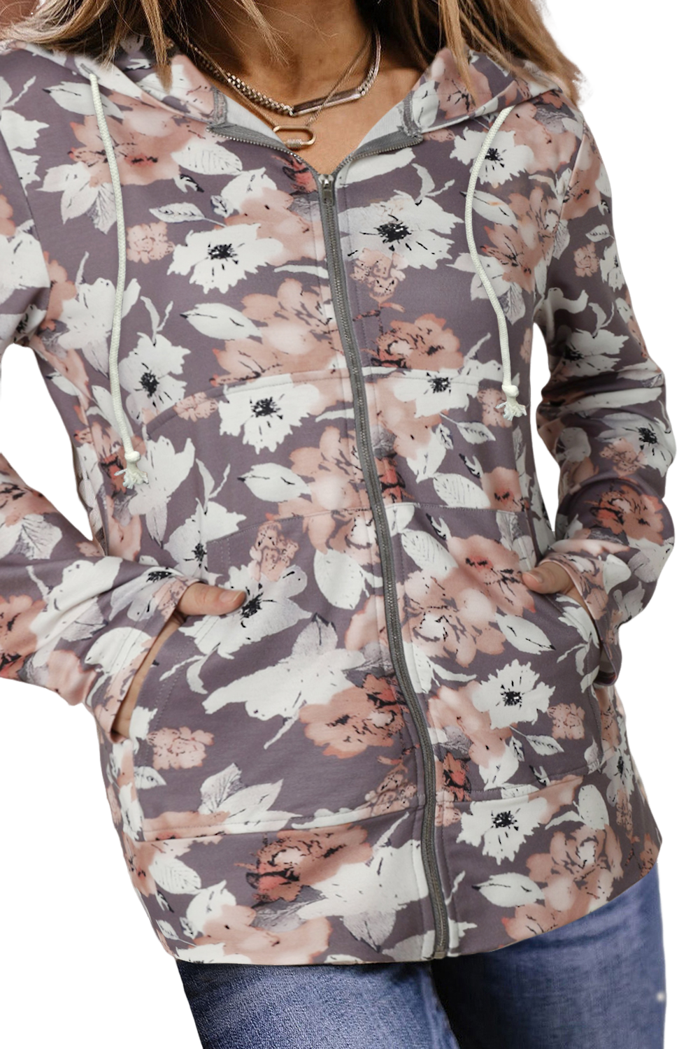 Gray Vintage Floral Print Pocketed Full Zip Hoodie