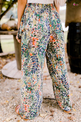 Multicolor Floral Print Shirred High Waist Wide Leg Casual Pants