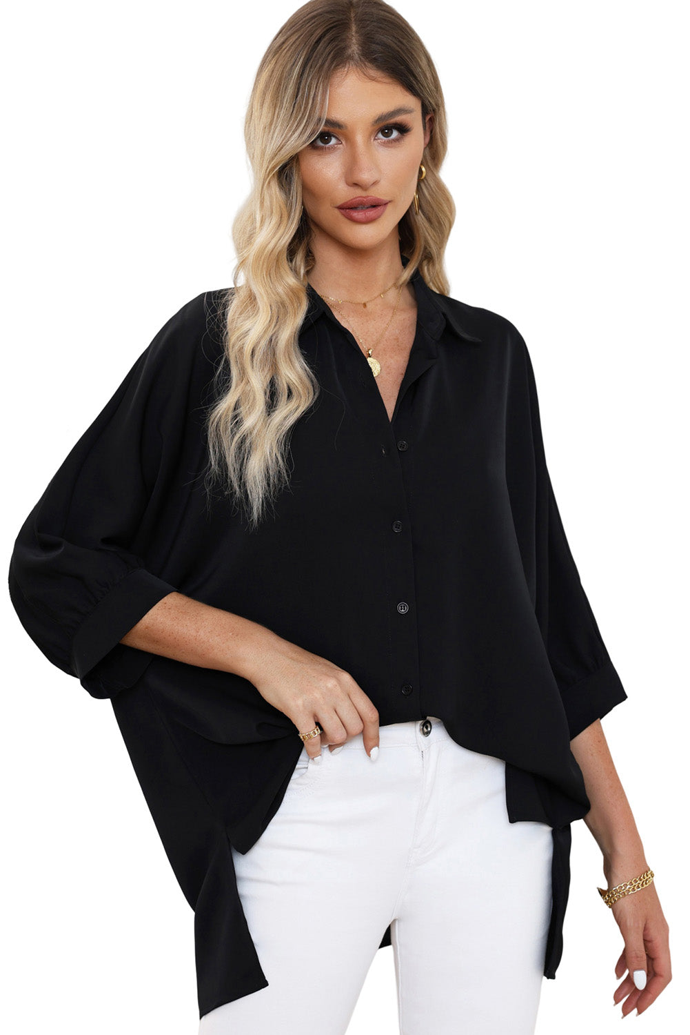 Green 3/4 Puff Sleeve Oversize Shirt