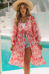 Pink Sweet Floral Print Frill Hem Puff Sleeve Cover Up