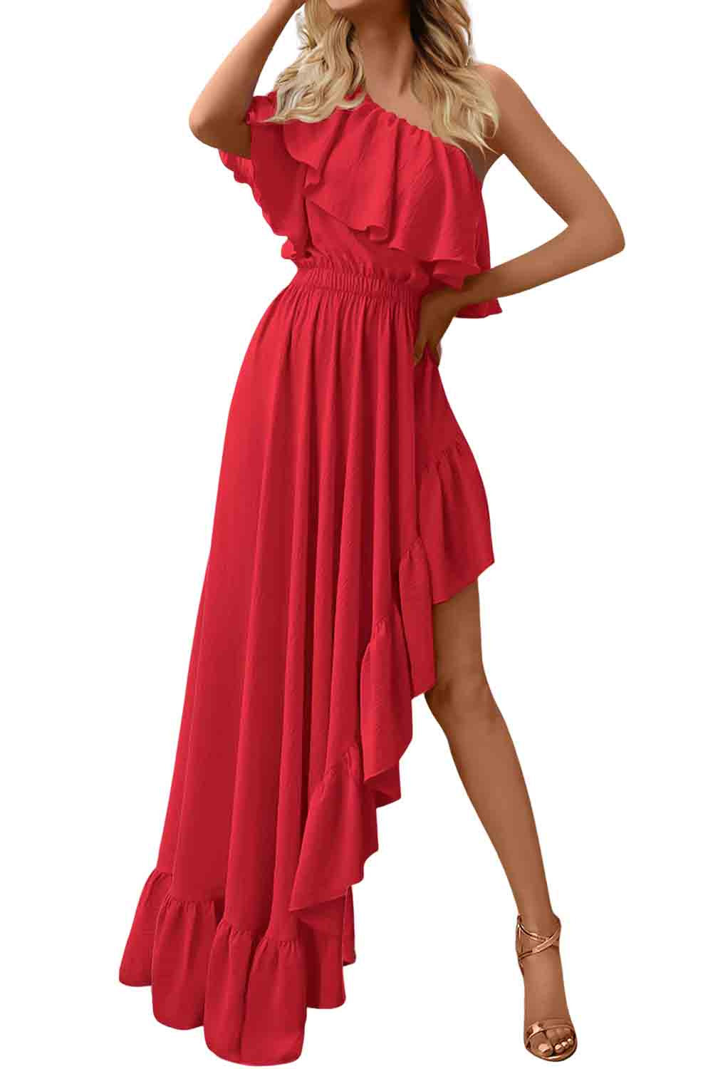 Red One Shoulder Ruffle High Low Maxi Dress