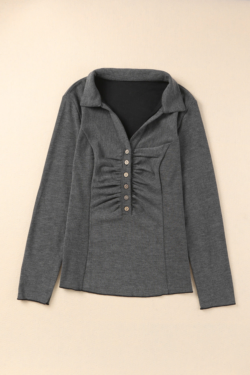 Black V Neck Buttons Ruched Long Sleeve Top